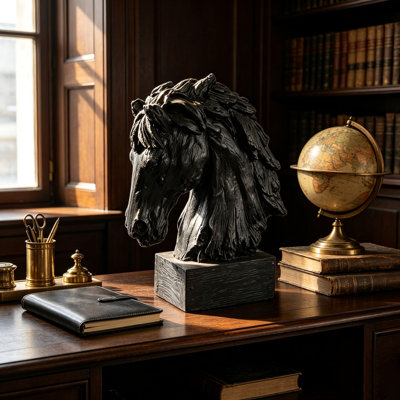 Horse Head Sculpture with Base, 19''  Vintage Wood Texture Resin Horse Bust Statue Decor, Farmhouse Western Tabletop Horse Figurine Ornament for Home Office Desk Shelf Decor