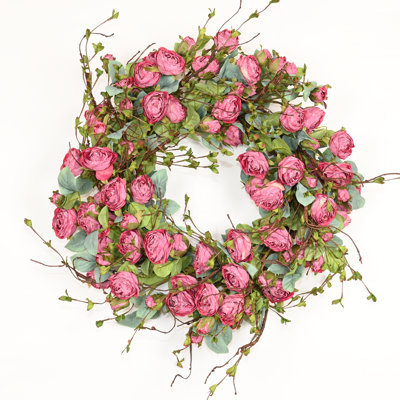 26" Large Artificial Farmhouse Spring Summer Blossom Cluster Greenery Foliage Twig Rose Floral Wreath For Front Door