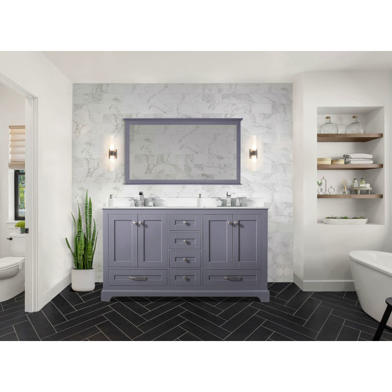 Meuble-lavabo double 60 po X P 22 po D, plateau en marbre de culture et robinet, Gris