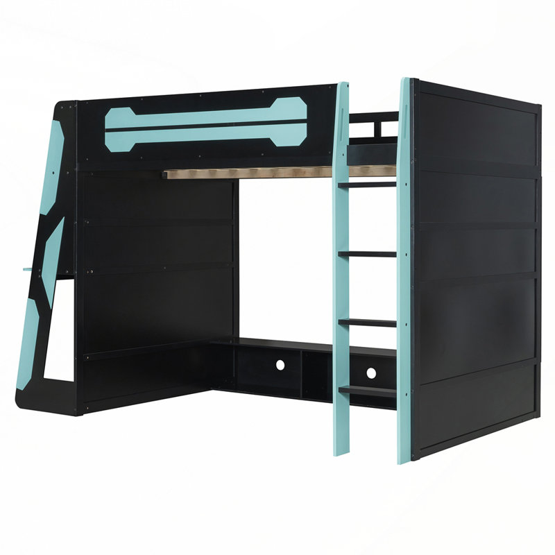 Lit mezzanine en bois avec tablettes multiples de rangement et éclairage RVB, Bleu