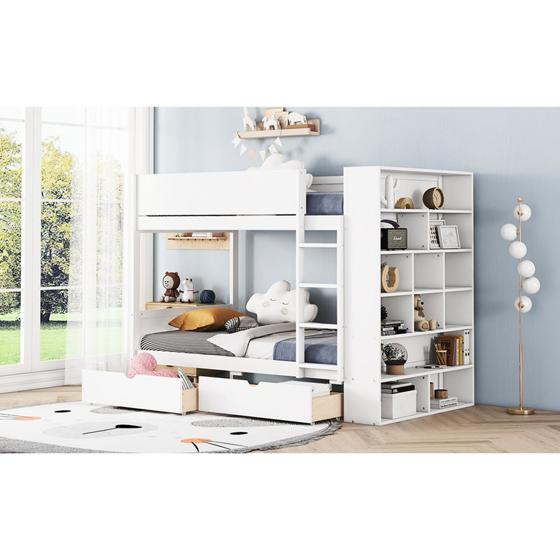 Lit simple superposé au-dessus, blanc avec espace de tiroir supplémentaire et armoire - Maximiser la fonction de la chambre à coucher