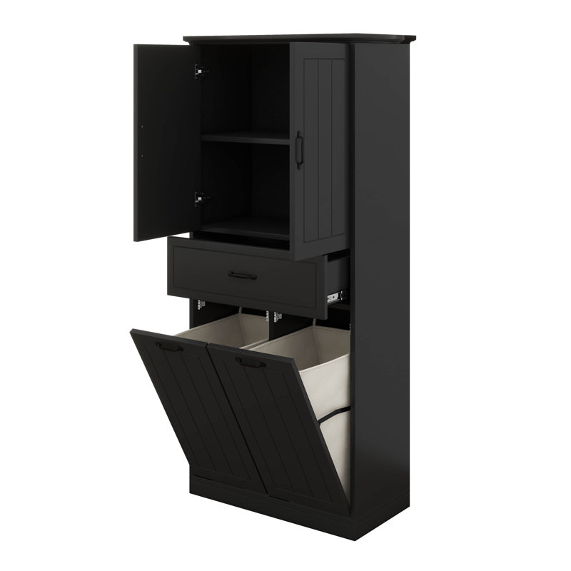 Armoire de rangement pour salle de bain avec 2 paniers à linge inclinables, armoire de salle de bain en bois avec tiroirs, portes et tablettes réglables