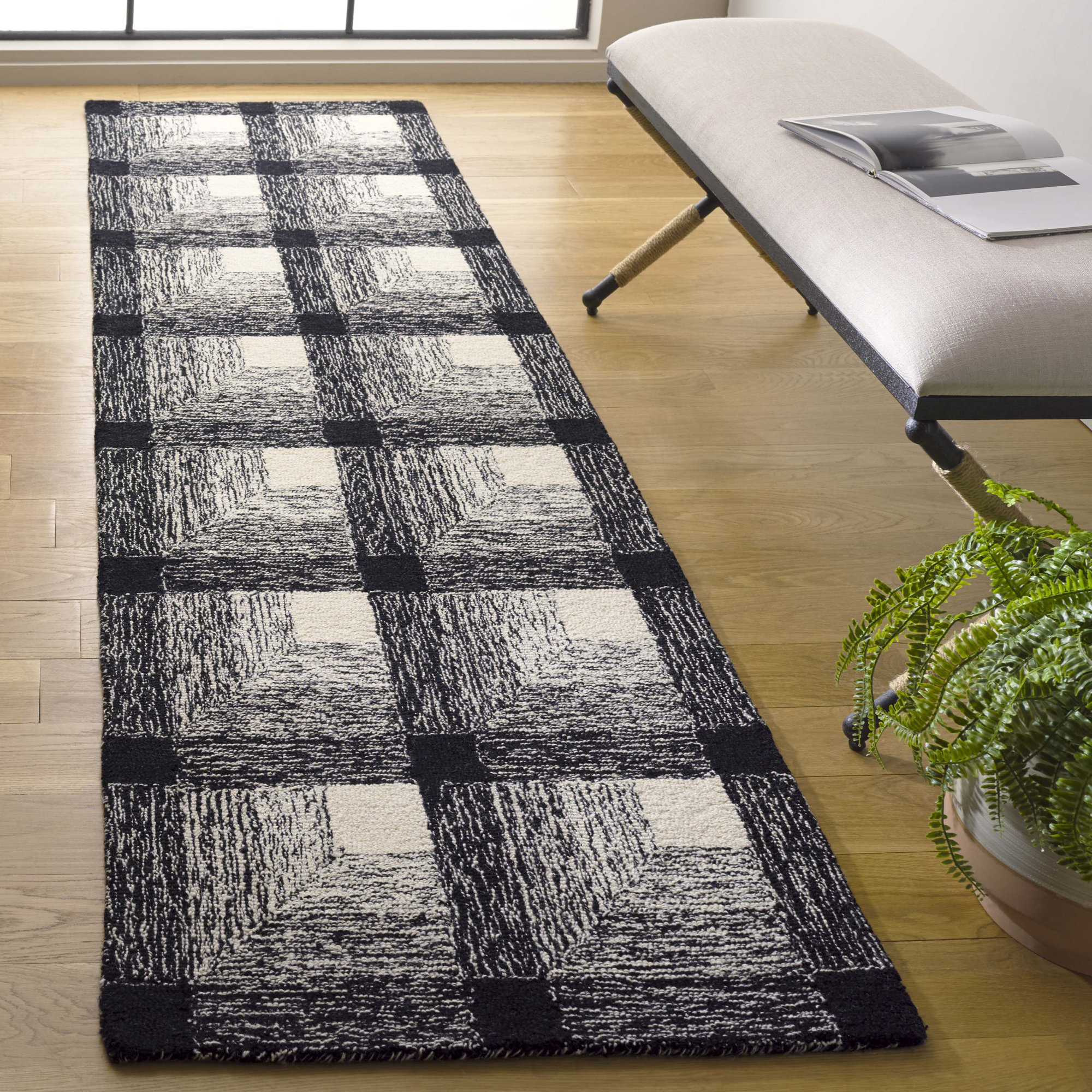 Robbie Handmade Wool Charcoal / Ivory Rug, Runner 2'3" x 9'