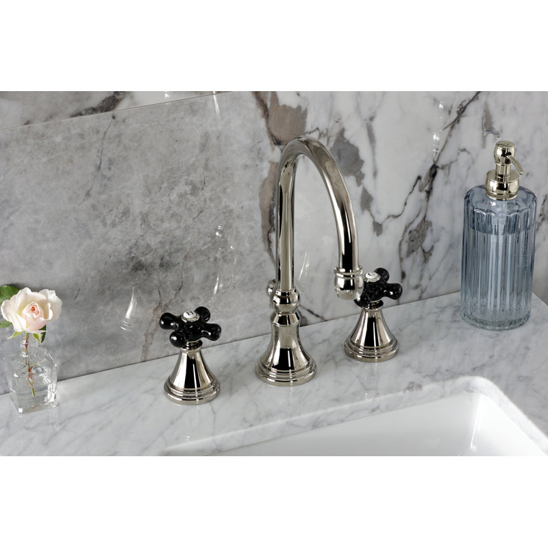Kingston Brass Duchess Two-Handle 3-Hole Deck Mount Widespread Bathroom Faucet with Brass Pop-Up Drain, Polished Nickel