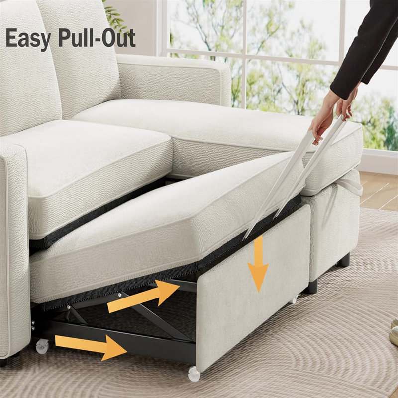 Ebern Designs 81" Convertible L Shaped Couch Sofa Sleeper With Reversible Chaise With Storage And Side Pockets, Beige