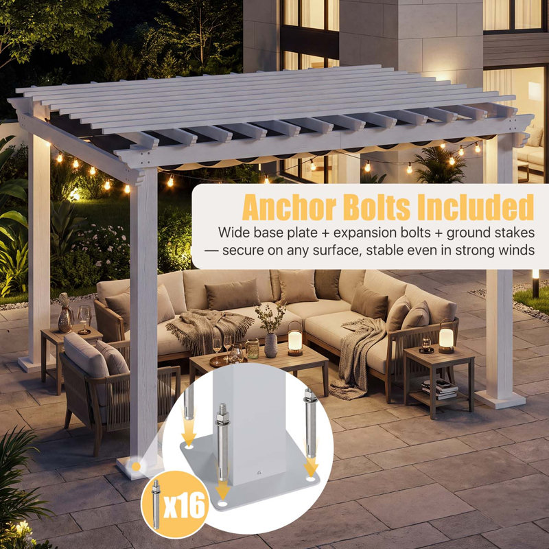 Pergola de terrasse 3,66 m de large x 3,05 m de profondeur avec auvent rétractable, structure en métal blanc thermolaqué, toile d'ombrage grise imperméable UPF50+, treillis de vigne