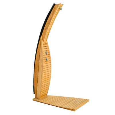 Teak Solar Powered Temperature Controlled Portable Wood Free Standing Outdoor Shower and Footwash Spout and Duckboard
