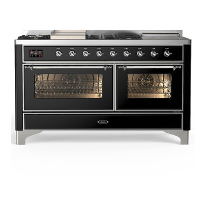 Cuisinière à double combustible de 60 pouces avec 7 brûleurs scellés, plaque chauffante et comptoir français en noir brillant (propane liquide, garniture chromée) Majestic III Series