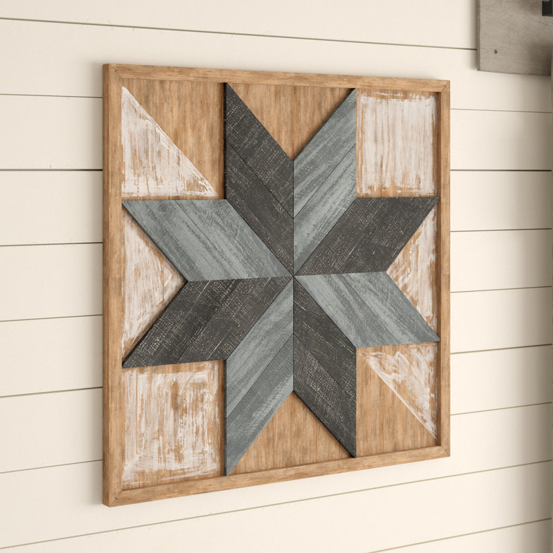 Wood Handmade Southwestern Star Geometric Blue Wall Decor with Cream and Brown Accents