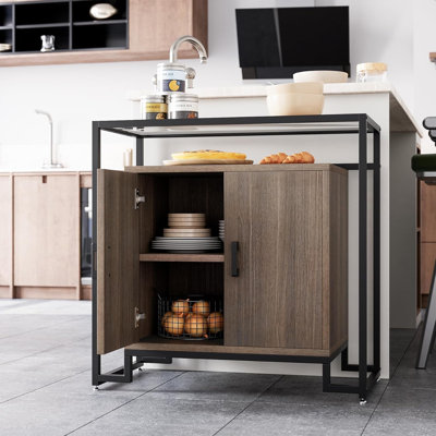 Wooden Sideboard Buffet Cabinet, Storage Cabinet With 2 Doors, Storage Space, Steel Frame And Tempered Glass Top
