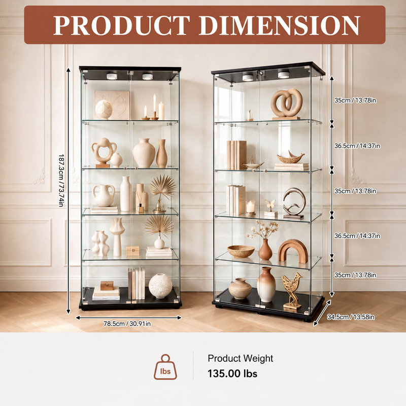 Vitrine à 5 niveaux en verre trempé avec lumières DEL, portes doubles verrouillables, télécommande, dispositif anti-chute et 5 tablettes pour le salon, la chambre à coucher, le bureau ou les collections