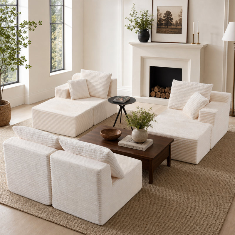 Canapés Compression Cloud, canapé d'angle modulaire moderne en velours côtelé de 131 pouces, Blanc