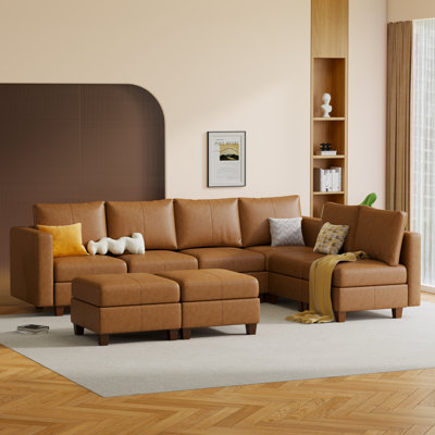 MINCETA Canapé modulaire modulaire avec repose-pieds avec rangement, canapé modulaire rembourré et confortable pour salon, chambre à coucher, canapé en L 6 places avec 2 repose-pieds, similicuir brun