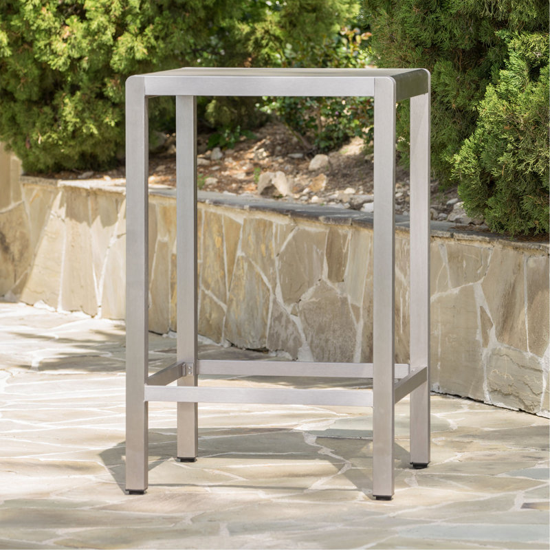 Table de bar d'extérieur en aluminium avec plateau en verre de 43 po, finition grise