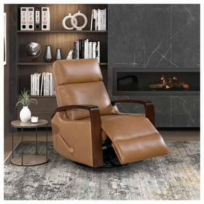 Luxueux fauteuil oscillant pivotant inclinable en similicuir rembourré avec accoudoirs en bois à finition brune confortable 1pc