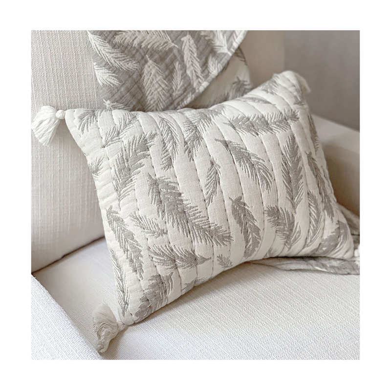 Hand-Quilted Gray Feather Cotton Nursery Pillow