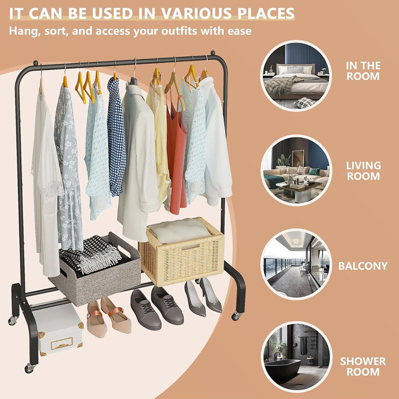 Portant à vêtements en métal avec roulettes, portemanteau à roulettes noir avec tablette inférieure pour suspendre vêtements, manteaux, jupes, chemises et chandails