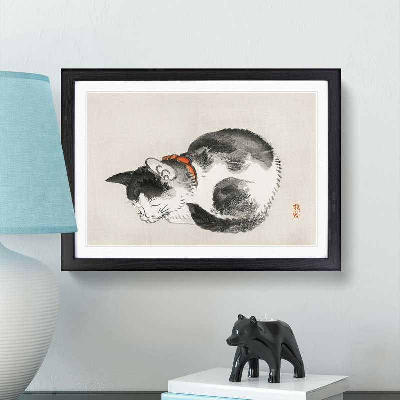 Sleeping Cat by Kono Bairei - Picture Frame Painting Print, 36cm H x 48cm W x 2cm D, Black Framed