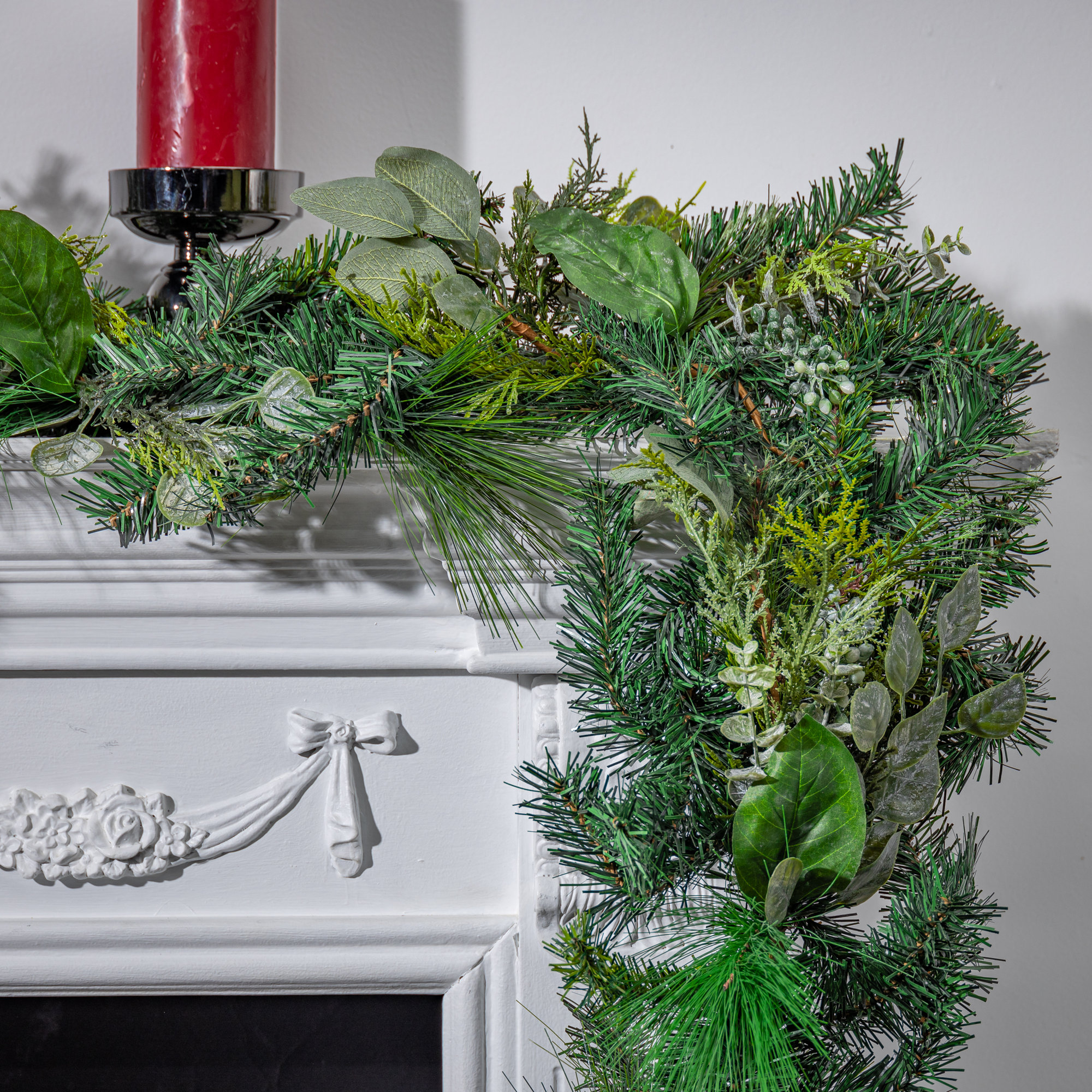 12 Ft Mixed Pine Garland With Leaves, Cedar, And Needle Pine Accents