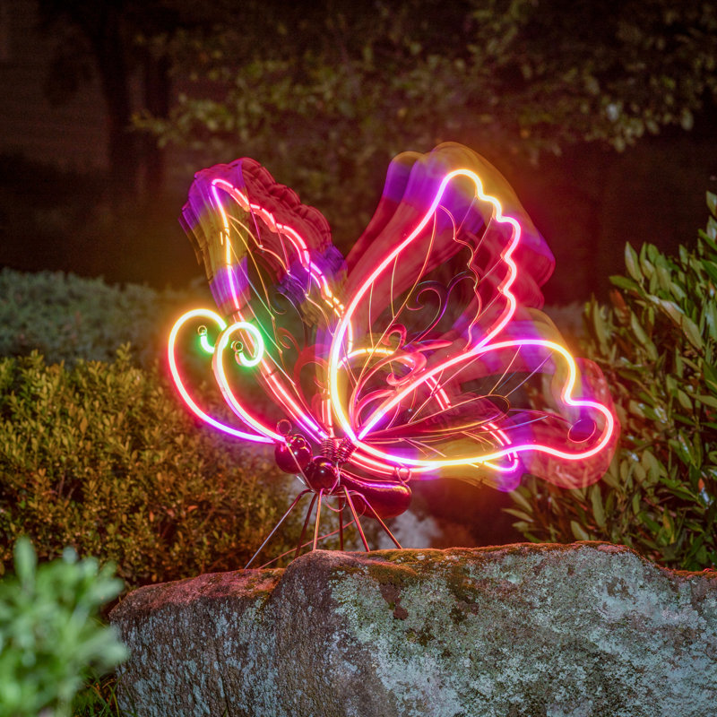 28"H Solar Neon Butterfly Garden Statue with Neon Lights