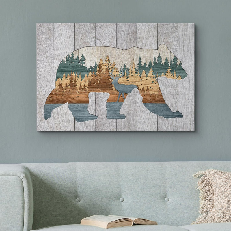 «Western Wood Effect Landscape Bear Pine Tree Mountain Vista Nature», reproduction sur toile, H 24 po x l 36 po x P 1,5 po