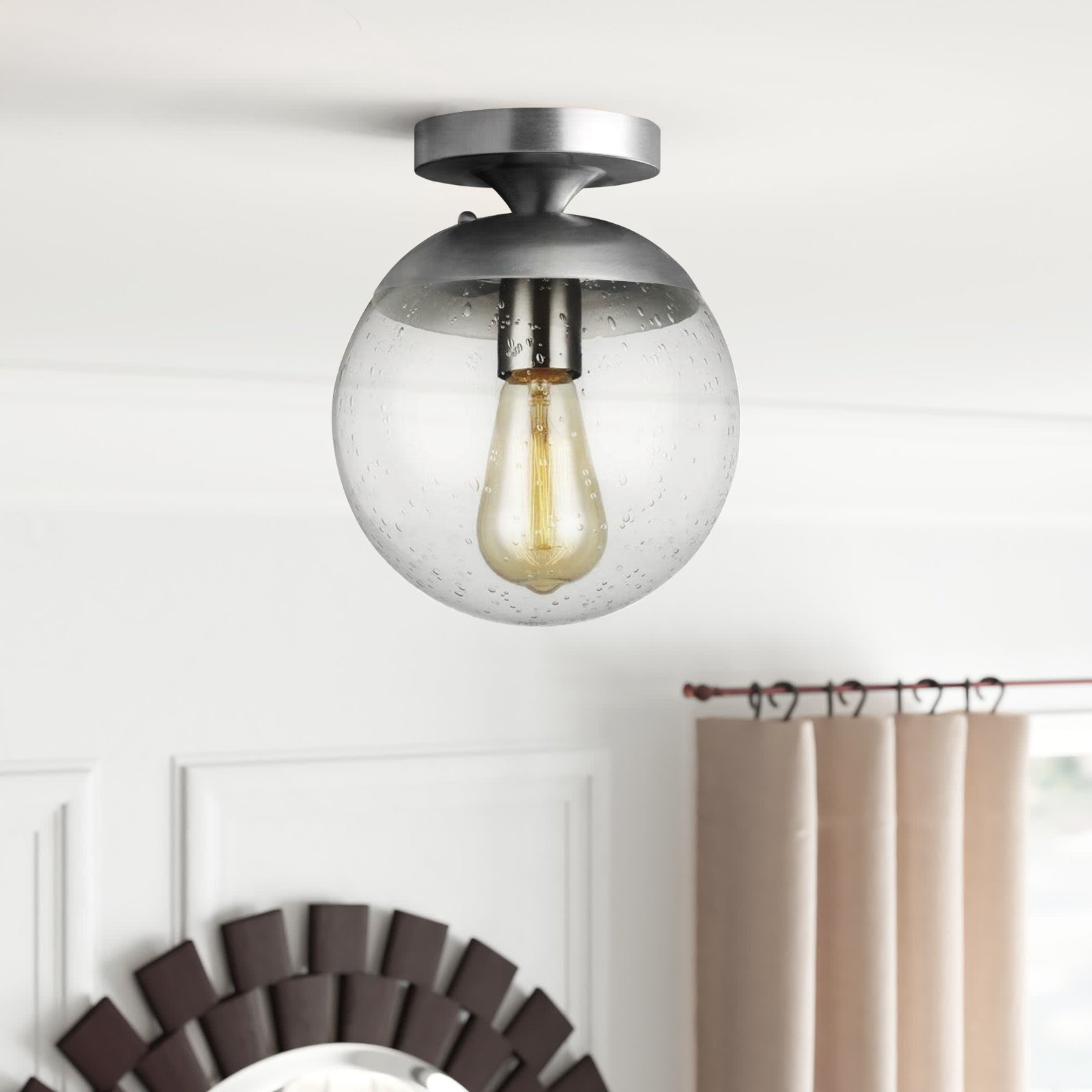 Meri Single Light Glass Semi Flush Mount, Satin Aluminum, Clear, No