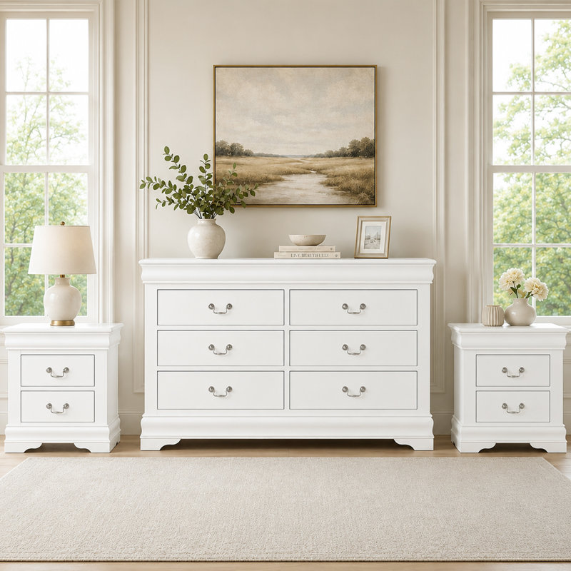 Ensemble de meubles de chambre à coucher de style transitionnel 3 pièces, commode à 6 tiroirs + tables de chevet 2 tiroirs, meuble de rangement en bois massif avec poignées en métal, blanc