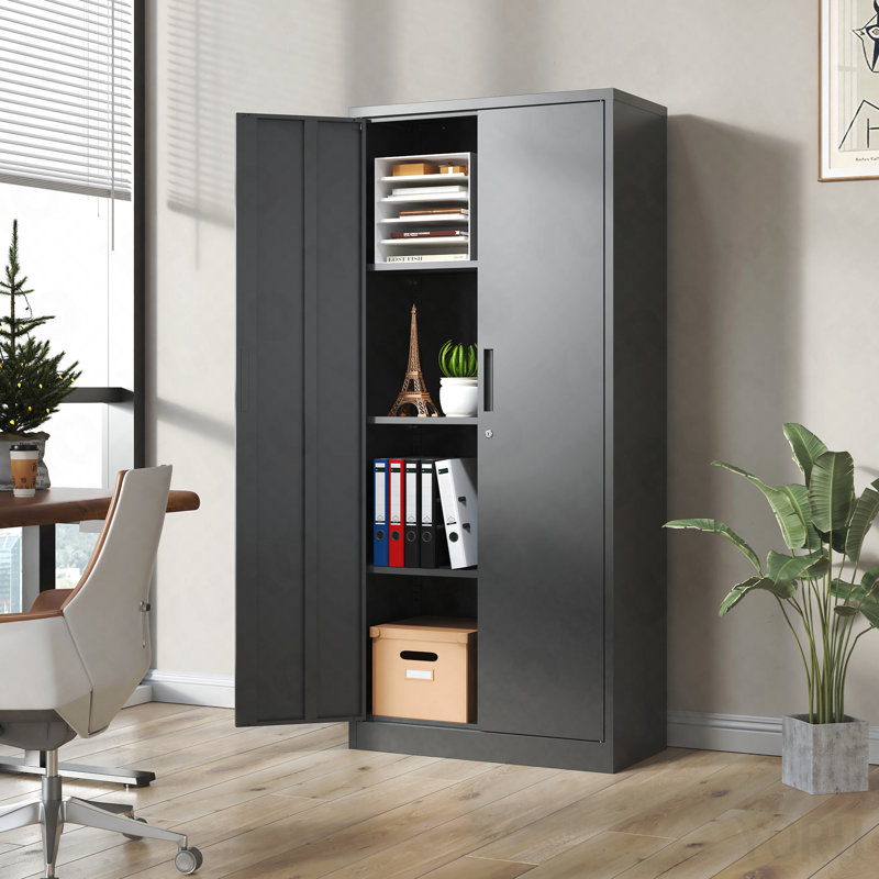 Armoire de rangement 71 po, en métal, 3 tablettes, verrouillable pour la maison / le bureau - Noir, Black