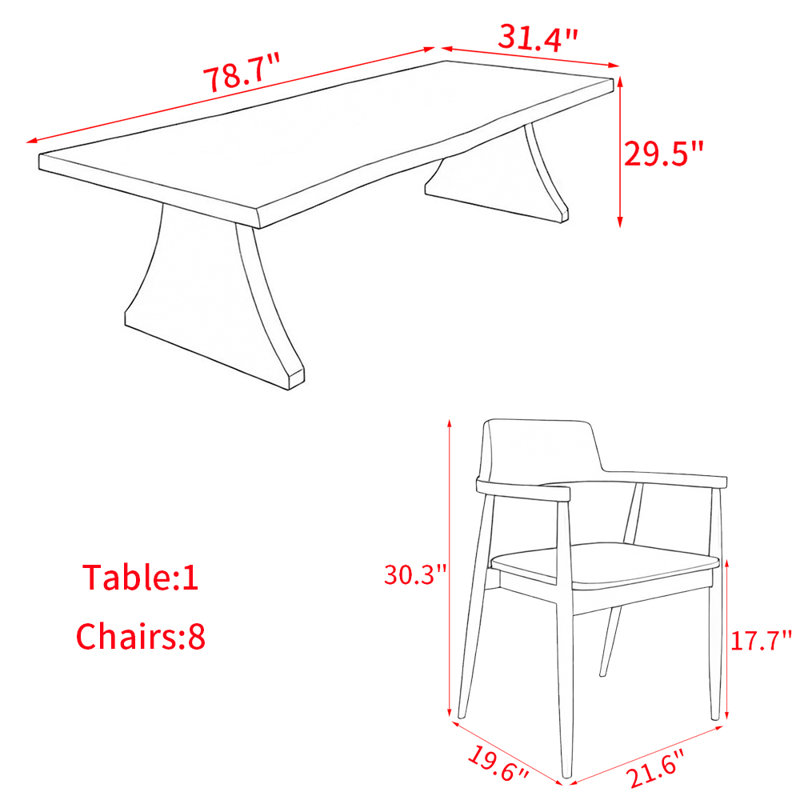 Ensemble de table de salle à manger en bois massif de style américain., H 29,5 po x L 78,7 po x l 31,4 po