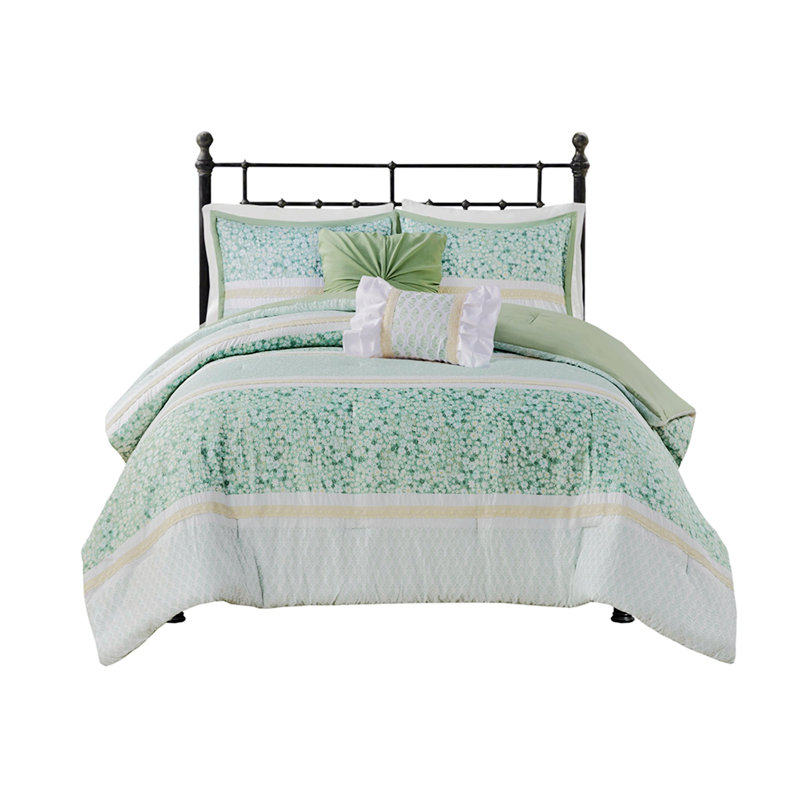 Polyester Comforter, Full Comforter + 2 Pillowcases, Green Floral