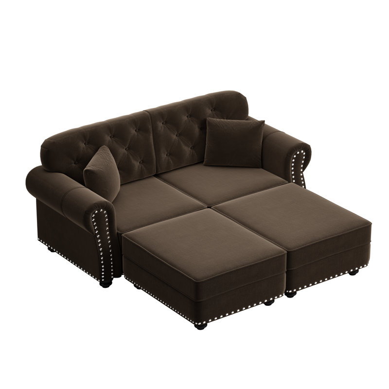 Canapé Velzavian Mid-Century, 2 Ottoman+ 2 Seat, Brown