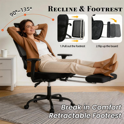 Chaise de bureau ergonomique avec repose-pieds, bleu marine | Chaise d'ordinateur à dossier haut en filet avec support lombaire pour la tête d'ordinateur - Chaise confortable avec accoudoirs 3D