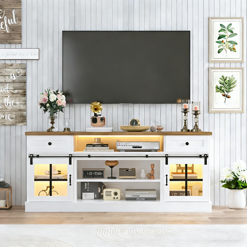 66" TV Stand for TVs up to 75", Entertainment Center with Barn Doors, Adjustable Shelves, Drawers & Power Outlets