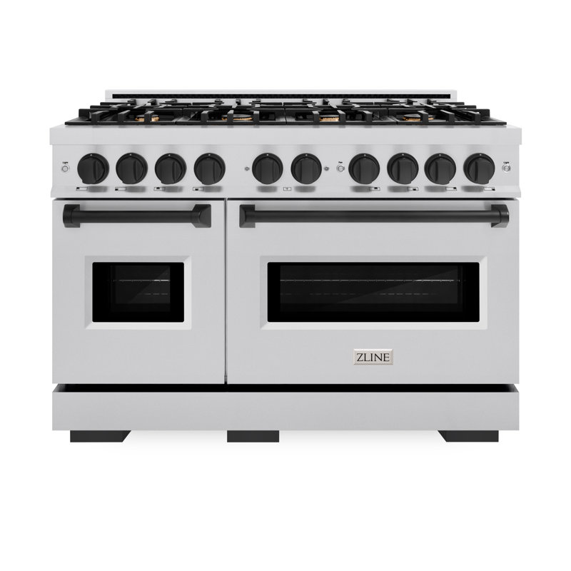 ZLINE Autograph Edition 48 in. 6.7 cu. ft. Classic Double Oven Gas Range with 8 Burner Cooktop, Matte Black, Stainless Steel
