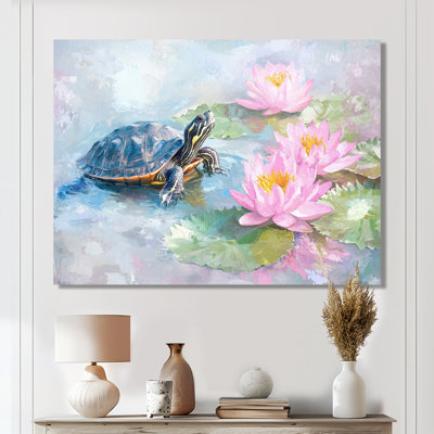 Turtle In The Water Lily I - Animals Metal Wall Decor, Turtle Metal Print