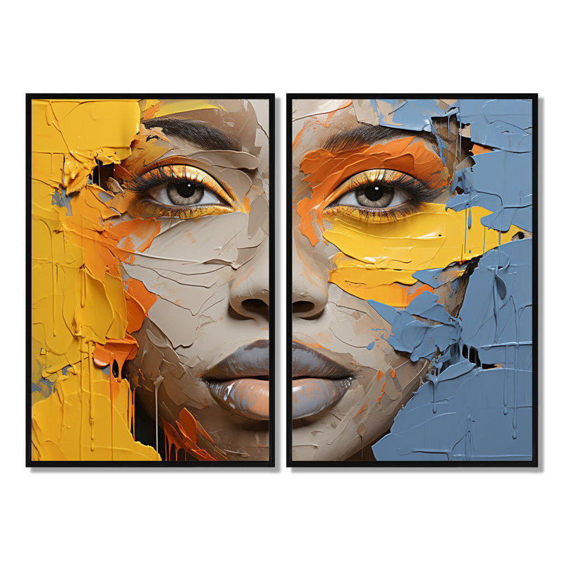 Jaune et bleu, peinture, collage, portrait - impressions sur toile 2 panneaux, Black, 36" H x 48" W