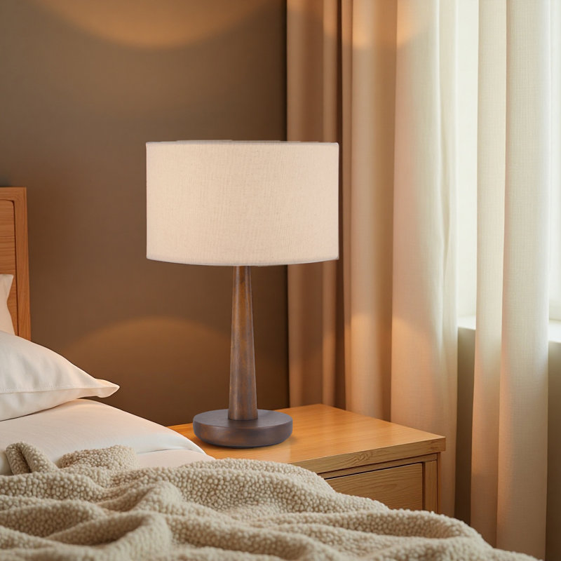 Lampe de table moderne en bois massif 18,5 po avec abat-jour en velours pour salon, salle d'étude, bureau, chevet, Beige