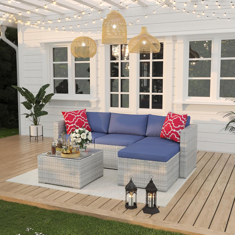 Outdoor Patio Furniture Set, 5 Pieces All-Weather Wicker Sectional Conversation Sofa with Glass Coffee Table and Detachable Soft Cushions, Small Outdoor Sofa Set for Balcony, Poolside, Yard