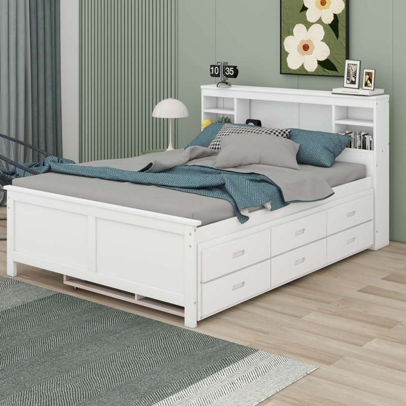 Lit plateforme Nyliah avec tête de rangement, USB, lit gigogne et 3 tiroirs, Double, Blanc