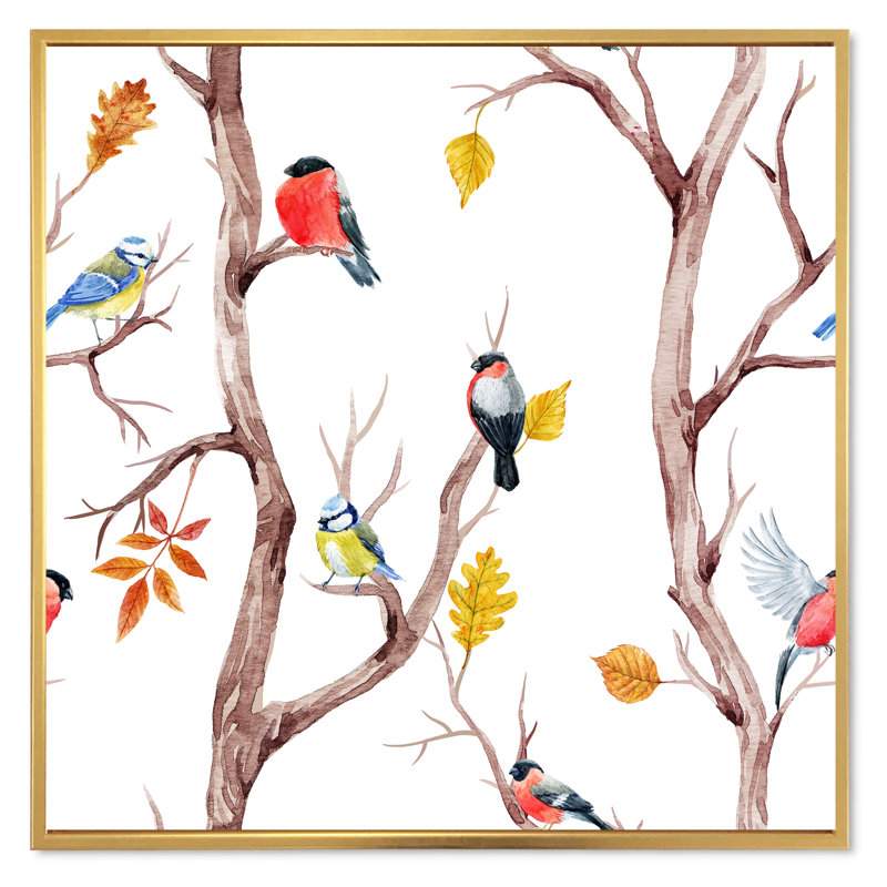 Arbres d'automne et petits oiseaux - Peinture sur toile, Toile encadrée d'or, H 16 po x l 16 po x p 1 po