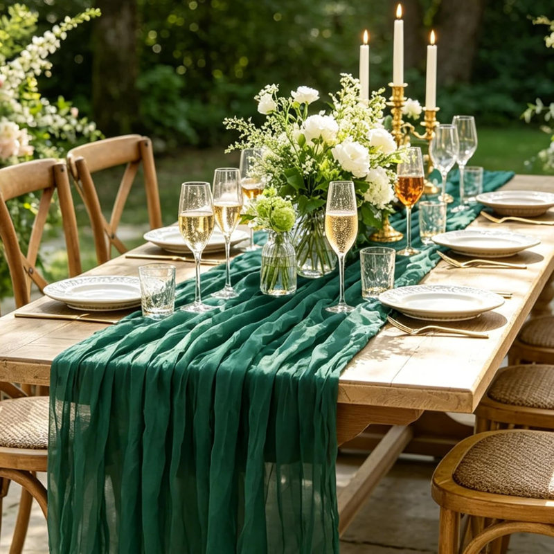 Chemin de table de Noël, chemin de table 10 pieds vert émeraude 35 * 120 pouces, chemin de table rustique vintage pour les fêtes de Noël
