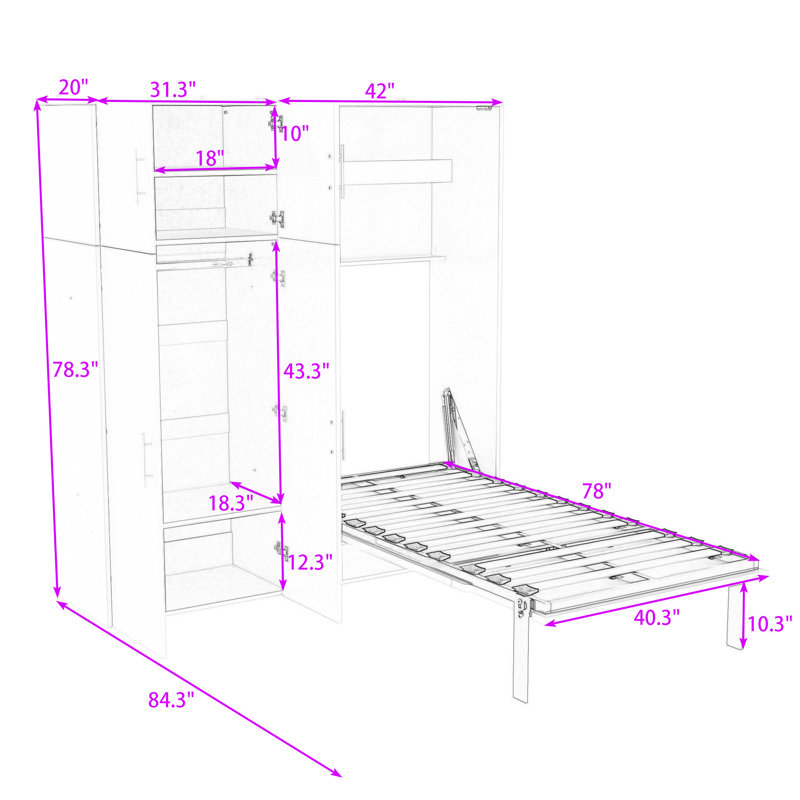 Murphy Bed with Wardrobes and Folding Mechanism, Convert into A Cabinet, White, Twin