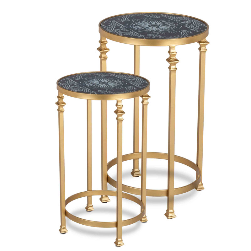Assorted-size, Nested Ink Mediterranean Fresco Accent Table with Gold Metal Base and Ink Design Glass Top (Set of 2)