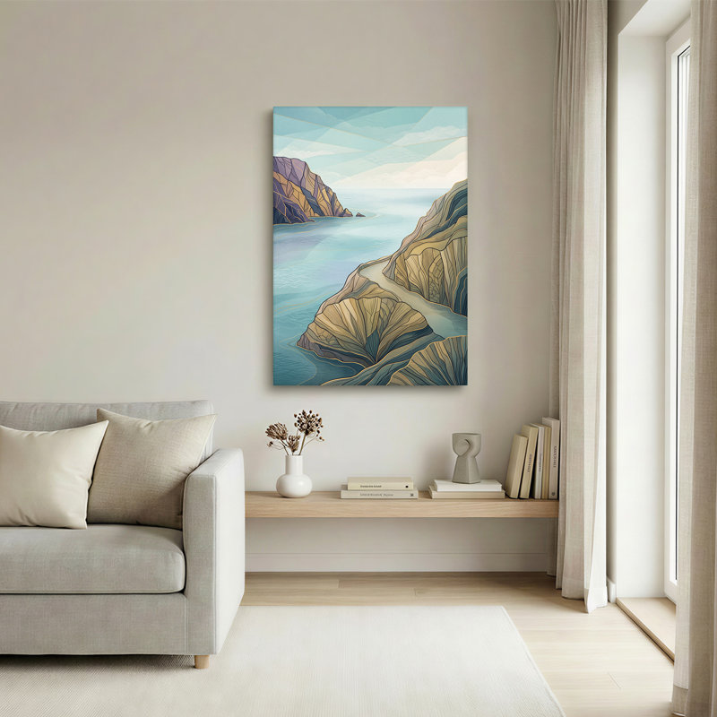 Art mural sur toile géométrique "Rocky Coastline" en bleu sarcelle et doré, 24"H x 16"W
