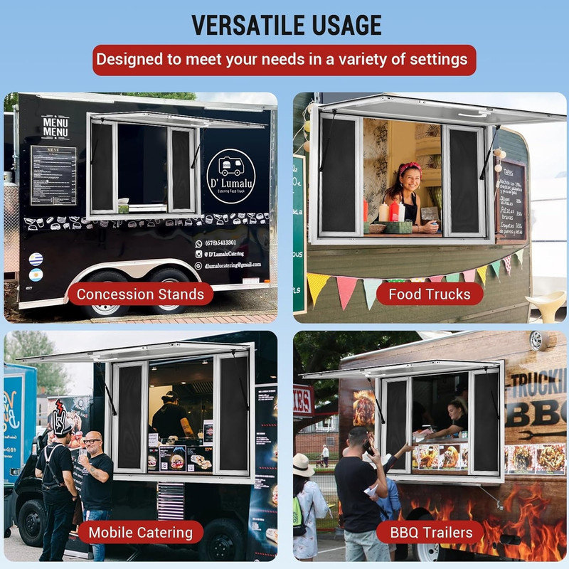 Concession Window with 4 Horizontal Sliding Screen Windows, Awning Door & Drag Hook, Adjustable Serving Window for Food Trucks and Concession Trailers.