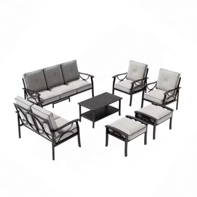 Ensemble de meubles de patio en métal 7 pièces, canapé de conversation toutes saisons à 9 places avec coussins de 4 po d'épaisseur, table basse et repose-pieds pour la cour arrière