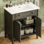 Meuble-lavabo rétro de 31 pouces avec lavabo rectangulaire, tablettes réglables et pieds cylindriques rainurés gris antique, rangement spacieux, entretien facile, bois massif-1448624577