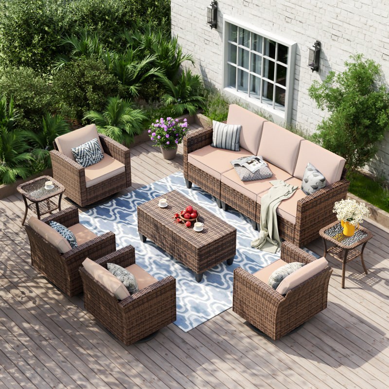 Meyah 7 - Person Outdoor Wicker Sofa Seating Group With Storage Table And 2 Side Table, Beige