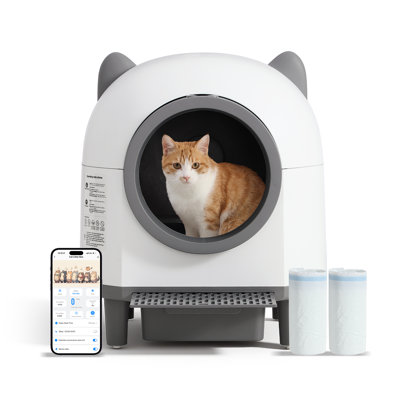 Bac à litière automatique pour chat, bac à litière autonettoyant 80l pour plusieurs chats, contrôle du bruit des odeurs, contrôle de l'application avec capteurs de sécurité et doublure lavable amovible, inclus 2 sacs à ordures en rouleau, blanc