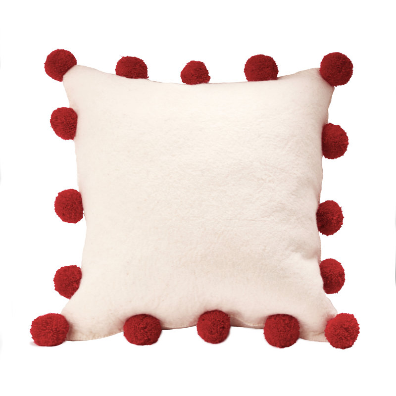 Hand Felted Wool Christmas Pillow Cover - Cream Pom Poms on Red - 20", Cream, Pillow (includes insert)